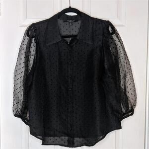 Marc New York Andrew Marc Organza Black Swiss Polka Dot Sheer Button Blouse M